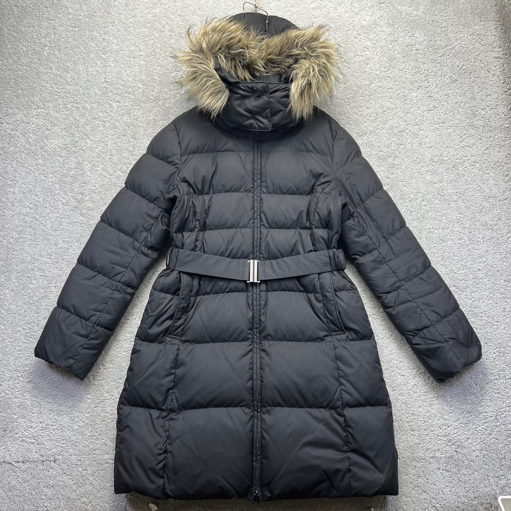 Uniqlo Puffer Parka Jacket Womens Medium Black Down Faux Fur Hood Belted Outdoor